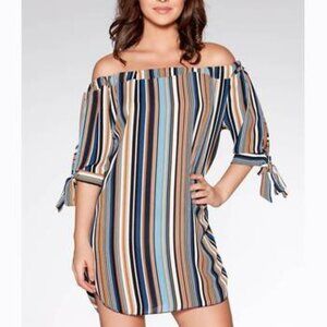 𝅺off Shoulder Bardot Shirt Tie up 3/4 Sleeves Summer Beach Dress Size S